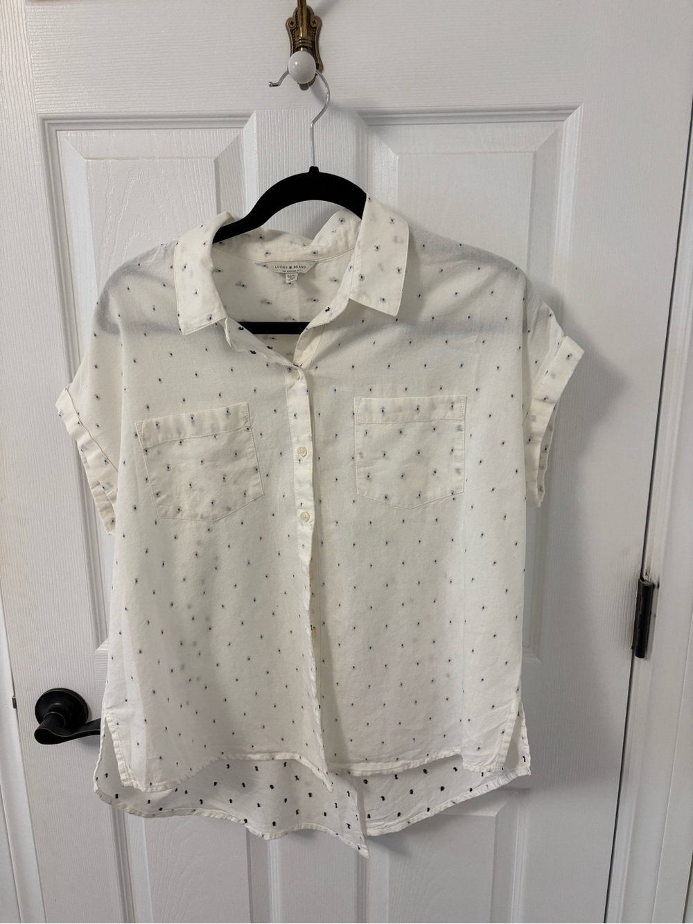 Lucky Brand White Short-Sleeve Button-Down with Navy Dot Print